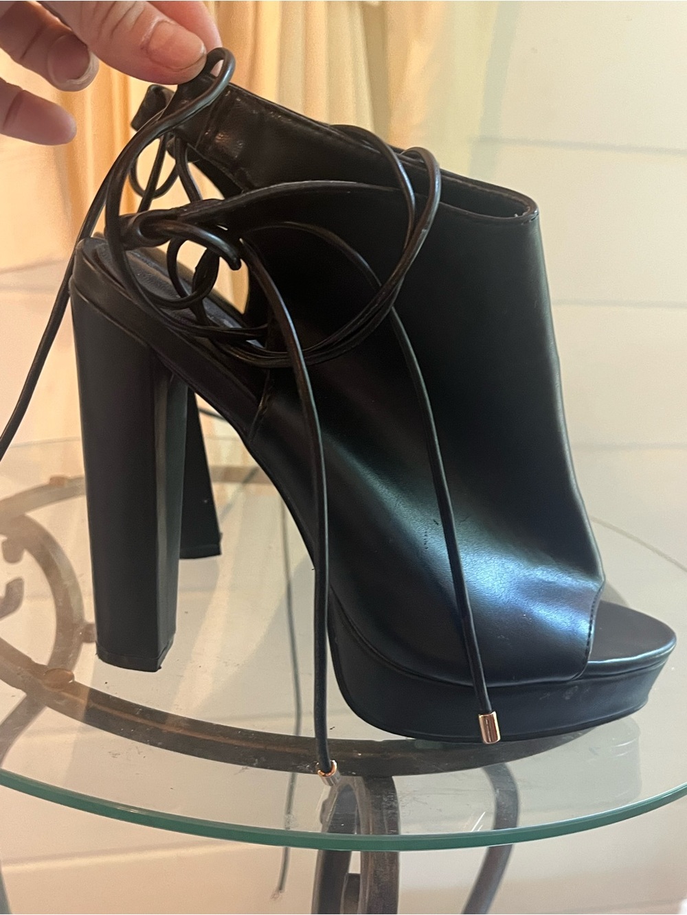 Aldo Black Lace-Up Peep-Toe Platform Block Heels